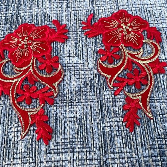 Red Iron On Paches Lot of 2 Leaf Embroidery Patches Set of 2 - Picture 4 of 8